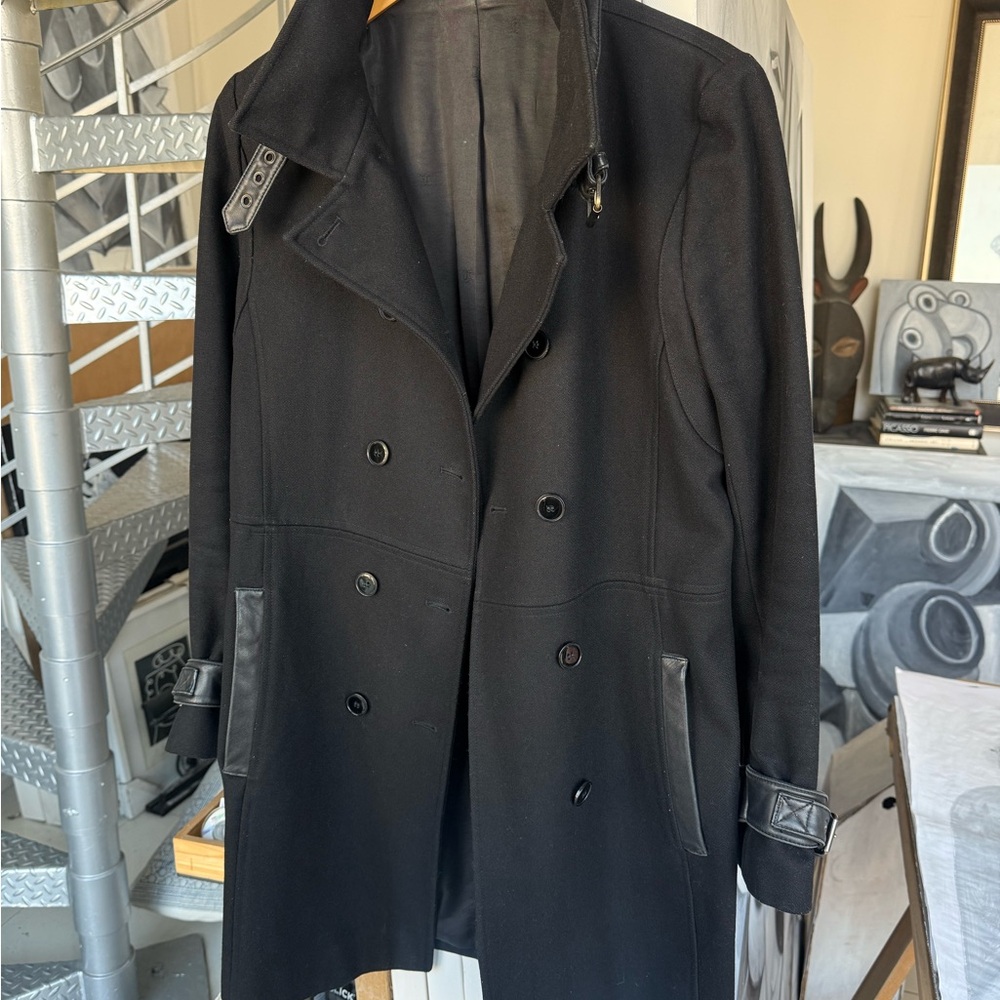 The Kooples Black Wool Coat with Leather Accents Moto Style